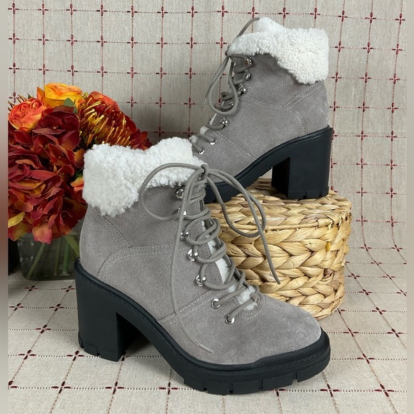 Marc Fisher “VACINTA” Grey Suede Real Fur Lined Lace Up Ankle Boots MLVANLISA 8 - Picture 1 of 9
